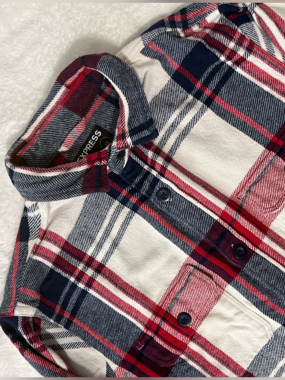 Express Men's Plaid Double Pocket Sweater Flannel Shirt - Red Blue White L
